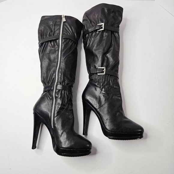 Michael Kors Stiletto High Heel Platform Boots Size 7.5 Black Leather Knee High - Picture 9 of 16